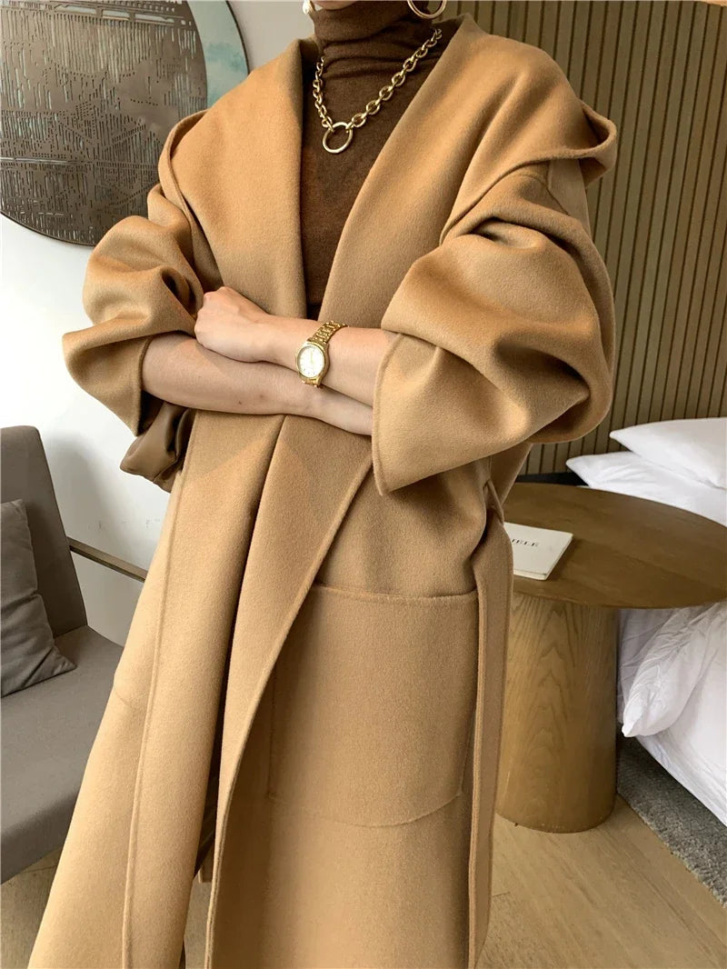 2024 Mid-Length Autumn and Winter Hooded Double Sided Cotton Cashmere Coat Female 100% Wool Loose Thick Woolen Coat