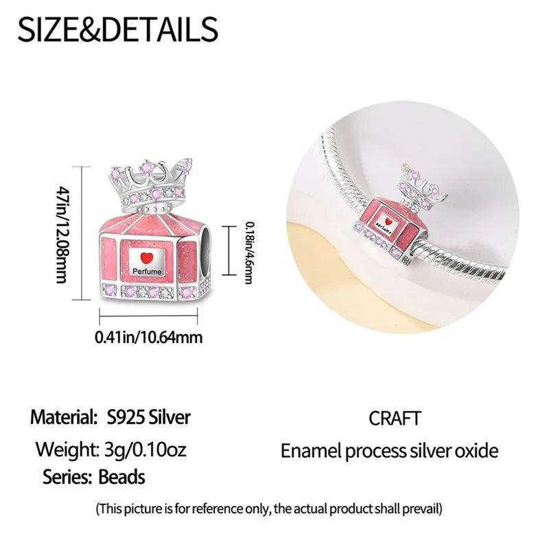 Original S925 Silver Romantic Pink Crown Perfume Bottle Charms Beads Fit Qikaola Bracelets Fine DIY Jewelry Valentine's Day Gift