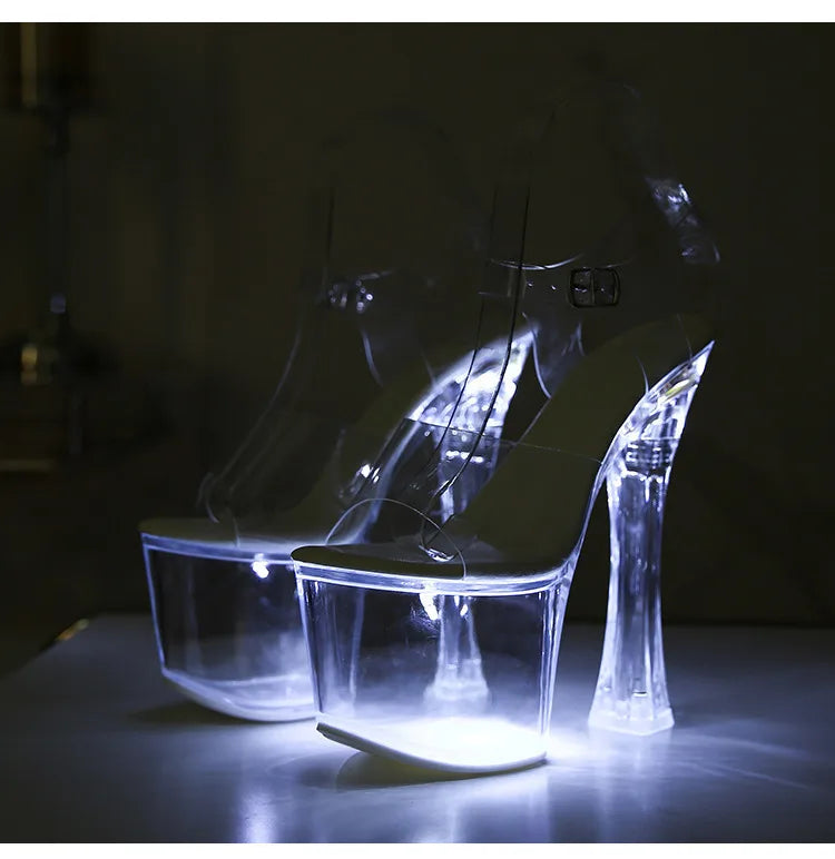 17.5CM Extreme High Heels Glowing Platform Clear Heels Nightclub Sandals For Women Transparent PVC Fashion Model Catwalk Shoes