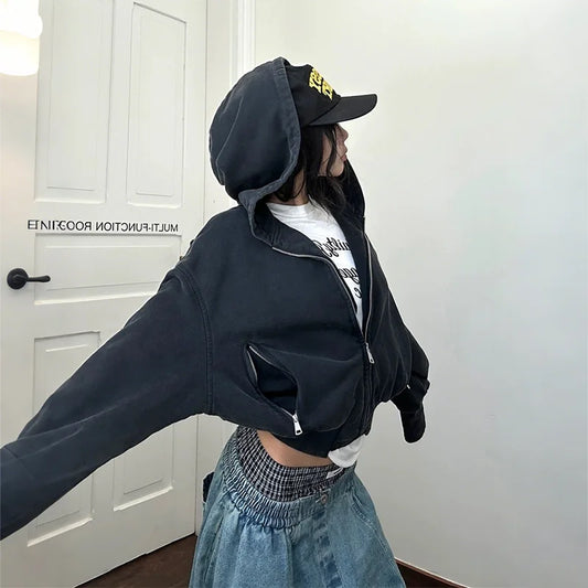 Y2K Fashion Retro Hoodie Artistic White Letter Print Long Sleeve Zip Up Hooded Sweatshirt Men Women Distressed Washed Streetwear