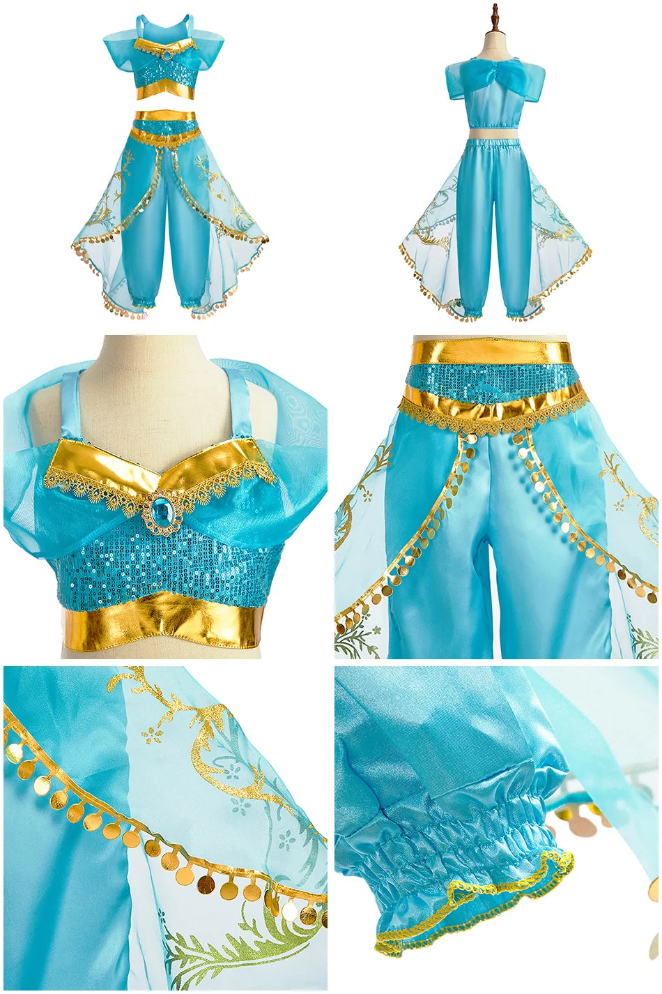 Kids Jasmine Tops and Pants Children Summer Halloween Costume Girls Princess Carnival Dress Up Performance Kids Cosplay Dresses