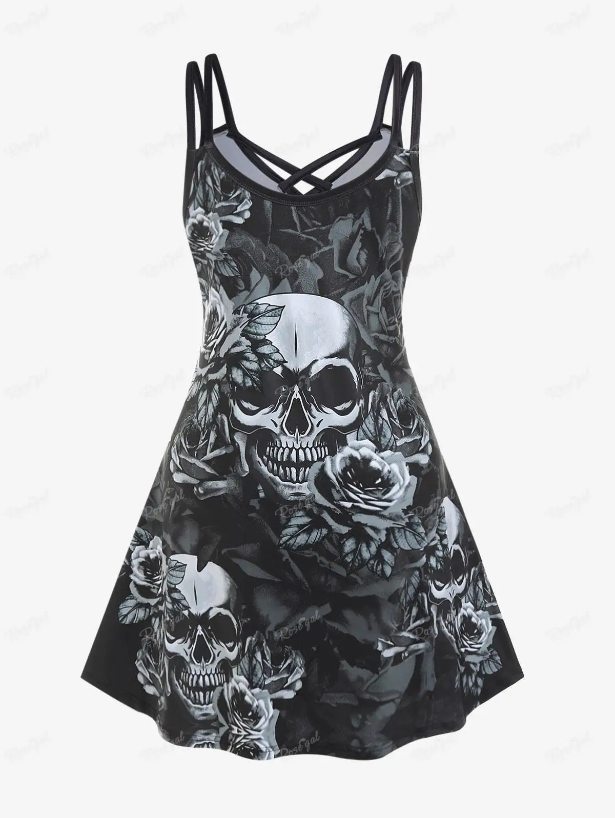 ROSEGAL Halloween 3D Printed Dresses Plus Size Crisscross Skull Print Dress Summer Casual Sleeveless Vestidos 5XL