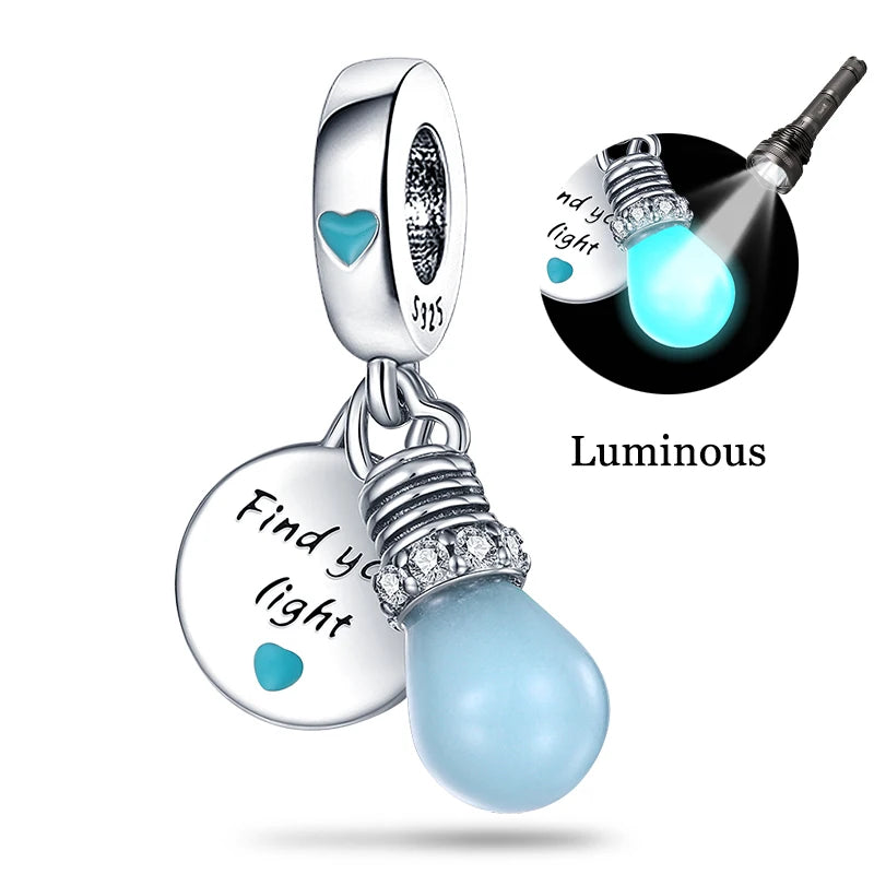Hot Sale 925 Sterling Silver Charm Beads Glowing Luminous Firefly Star Light Bulb Pendant for Bracelet DIY Charms Jewelry