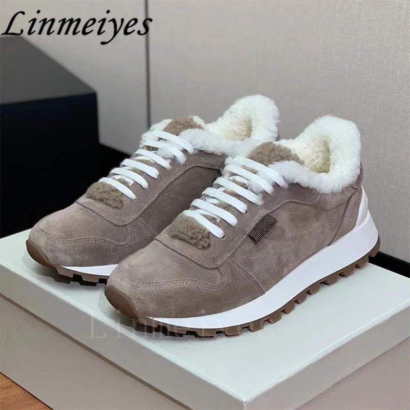Casual Fur Sneakers Women Outdoors Run Shoes Round Toe Lace Up String Bead Flat Shoes Female Winter Wool Warm Sports Shoes Woman