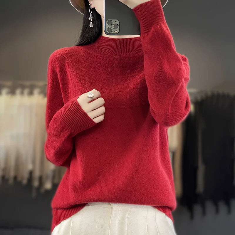 2024 New Line Of Garment Hollowed Out Half Height Women's High-grade Woolen Sweater 100% Pure Wool Multi-color Option WQ