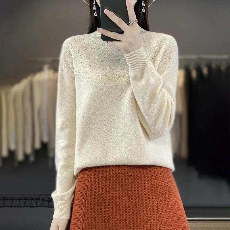 2024 New Line Of Garment Hollowed Out Half Height Women's High-grade Woolen Sweater 100% Pure Wool Multi-color Option WQ