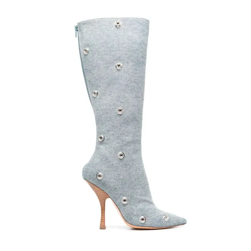 2024 Metal Buckle Detachable Denim Boots 10cm High Heel Boots 35-45 Internet Red Model Fashion Walking Red Carpet Thigh Boots