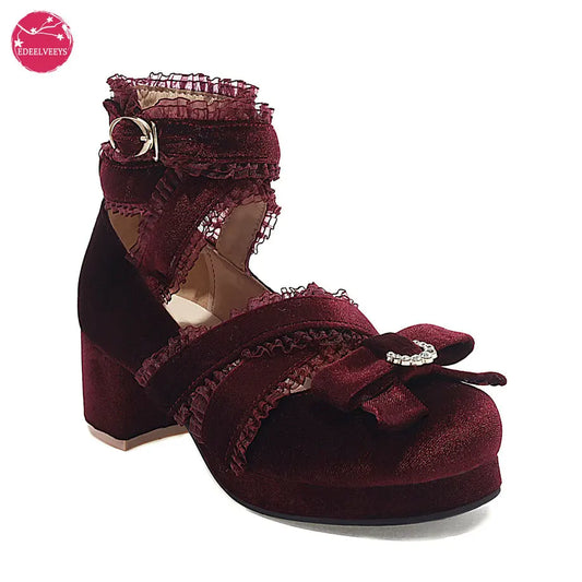 JK Fairy Lolita Shoes Flock Gold Velvet Bow Platform Mary Jane Cross Strap Pumps Gladiator Cosplay Party Red Green Black