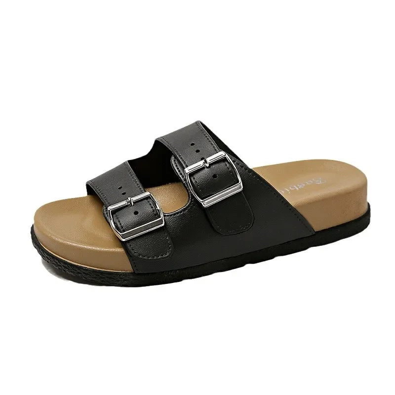 Women's Belted Sandals Roman Style PVC Material Open Toe Metal Decorated Flat Heels Spring Summer Outdoor Wear Fashionable Versa