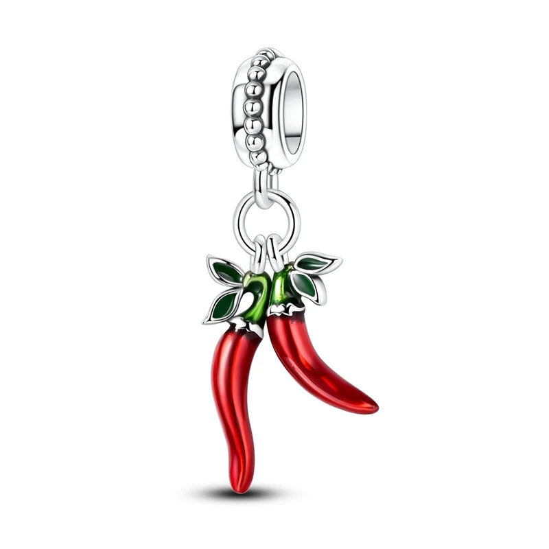 Original 925 Sterling Silver Red Charm Beads Red Wine Chili Dumbbell Pendant For Women Fit DIY Bracelet Birthday Jewelry Gift