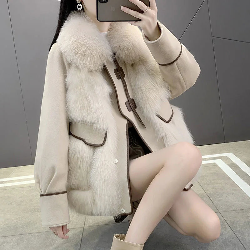 2023 New Autumn Winter with Fur Neighboring Fox Fur Grass Women's Coat Fashion Popular Down Cotton Coat Parker Coat Suede Trend