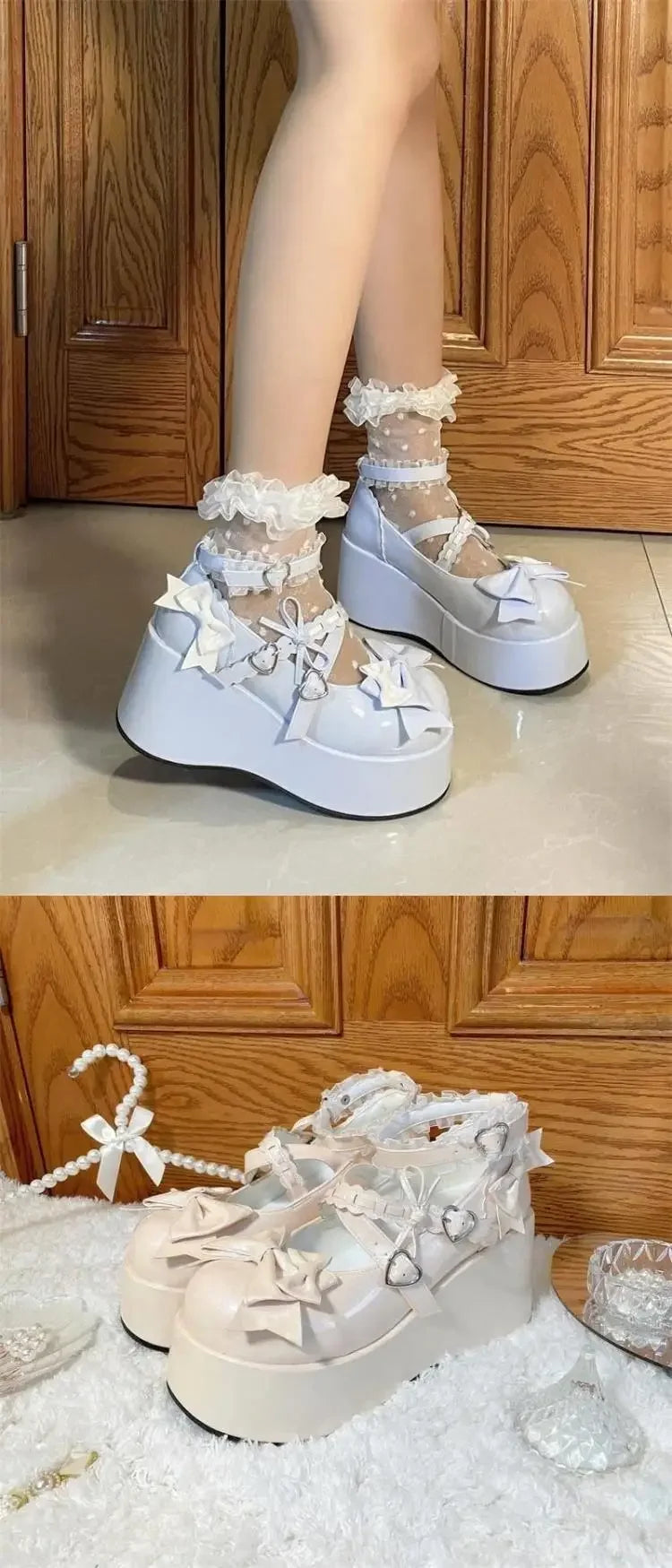 Lace Bowknot White Lolita Shoes for Women 2025 Heart Buckle Platform Mary Janes Woman Japanese Style Patent Leather Jk Shoes