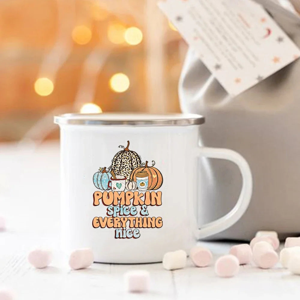 Pumpkin Spice and Everything Nice Enamel Mug Halloween Camping Mug Autumn Home Decor Fall Coffee Mug Festive Gifts for Kids
