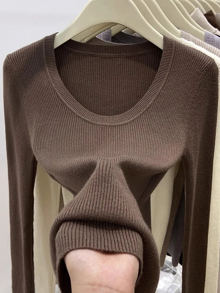 Zjaiss Solid Color O-neck Knitted Pullovers 2025 Women's Autumn Winter New Slim Fit Sweater Soft Warm Simple Base Layer Top