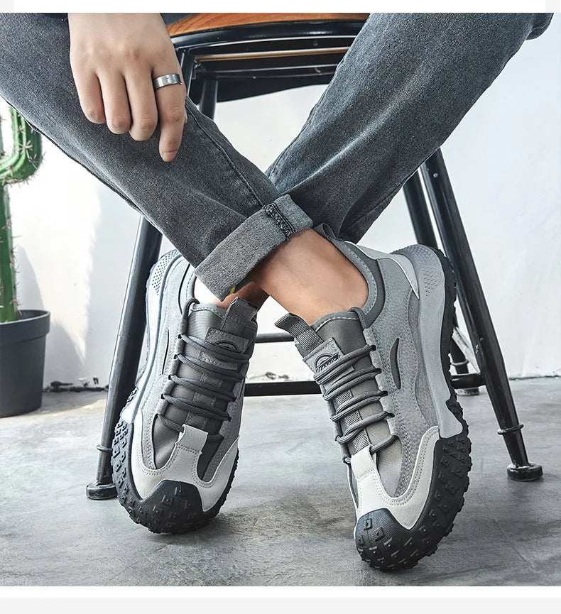 Outdoor Men Hiking Shoes Anti-slip Platform Men Sneakers Retro Leather Jogging Shoes Fashion Wear-resistant Trekking Shoes Male