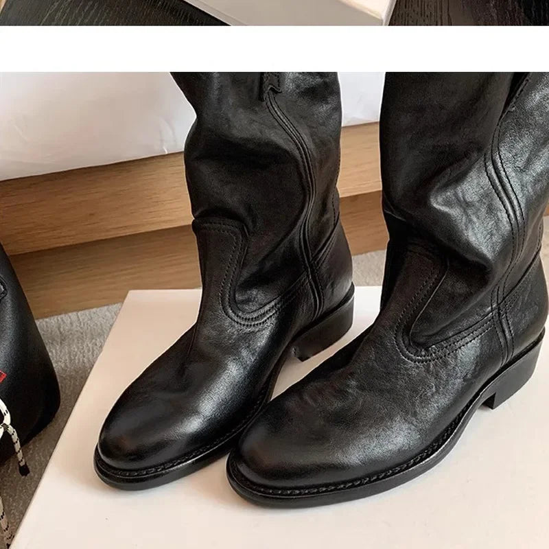 New Fashion Boots for Women Spring/Autumn Square Heel Female Mid-Calf Boots Ladies Slip-On Pointed Toe WESTERN Boots Women