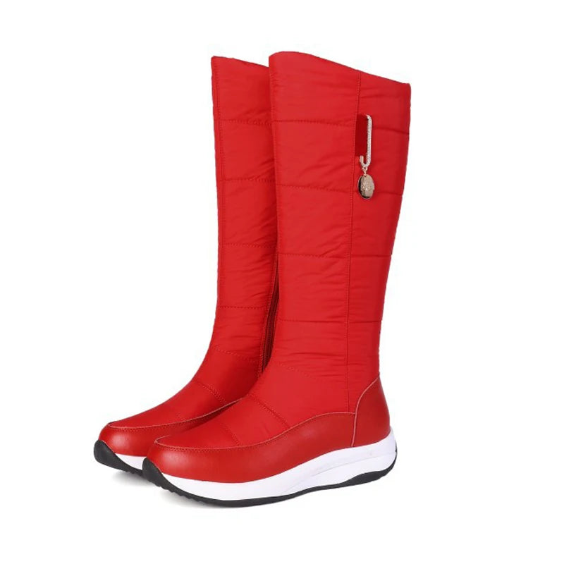 2025  Women Snow Boots Waterproof Down Plush Genuine Leather Red White Casual Travel Ladies Flat Heels Platform Knee High Boots