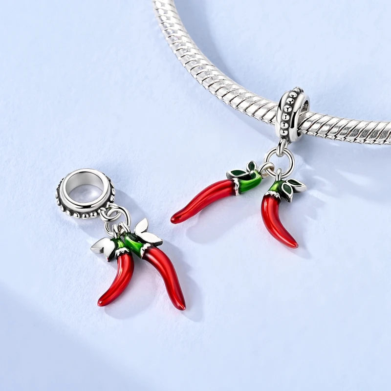 Original 925 Sterling Silver Red Charm Beads Red Wine Chili Dumbbell Pendant For Women Fit DIY Bracelet Birthday Jewelry Gift