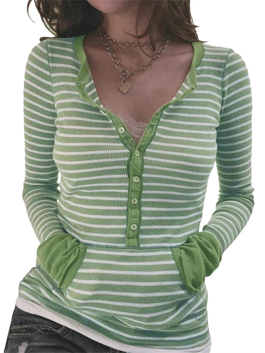 Women Autumn Tops Long Sleeve Button Neck Stripe Knit Shirts Y2K Aesthetic T-shirt 2000s Casual Gothic Grunge Tops