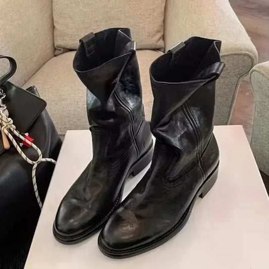 New Fashion Boots for Women Spring/Autumn Square Heel Female Mid-Calf Boots Ladies Slip-On Pointed Toe WESTERN Boots Women