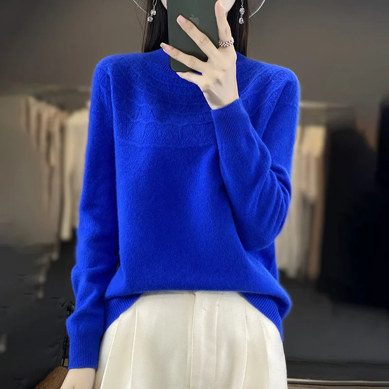 2024 New Line Of Garment Hollowed Out Half Height Women's High-grade Woolen Sweater 100% Pure Wool Multi-color Option WQ