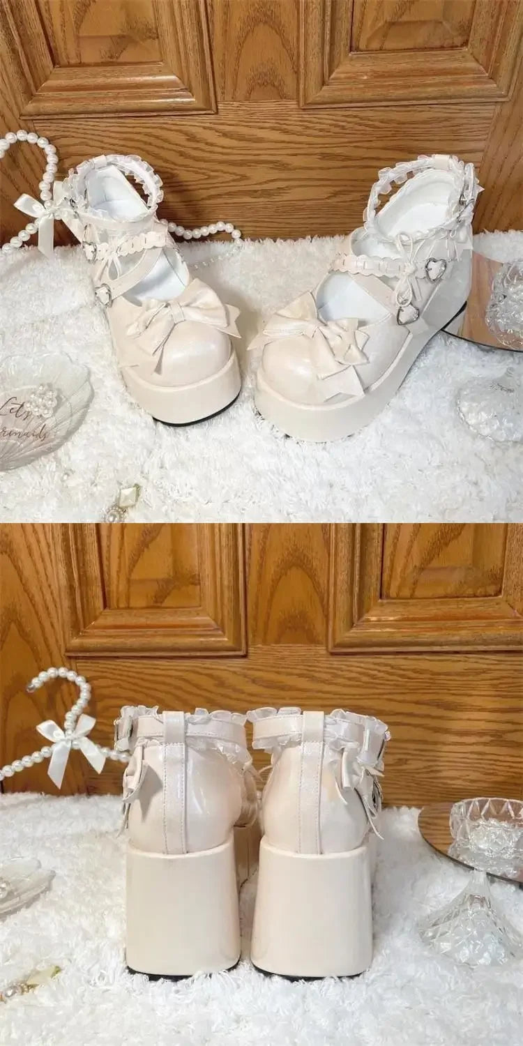 Lace Bowknot White Lolita Shoes for Women 2025 Heart Buckle Platform Mary Janes Woman Japanese Style Patent Leather Jk Shoes