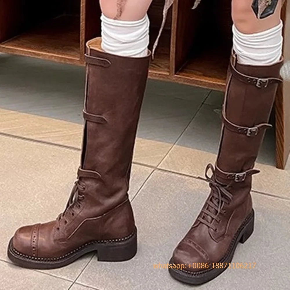 Genuine Leather Ladies Knight Boots 2025 Autumn Belt Buckle Model Catwalk Casual Long Boots Black/brown Thick Heel Casual Boots