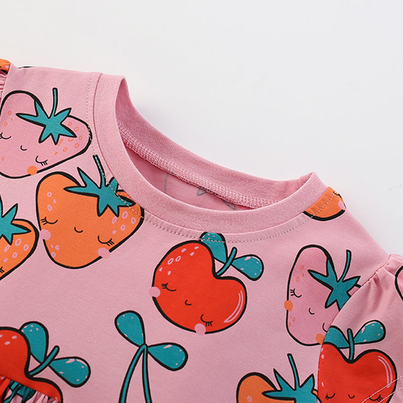 Summer Arrival Fruits Strawberry Cartoon Pattern Short Sleeves Dress for Stylish Girls