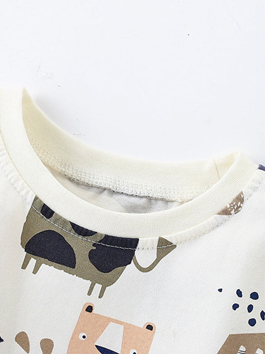 Summer Baby Kids Unisex Abstract Animals Cartoon Pattern Short Sleeves T-Shirt And Shorts Casual Clothing Set