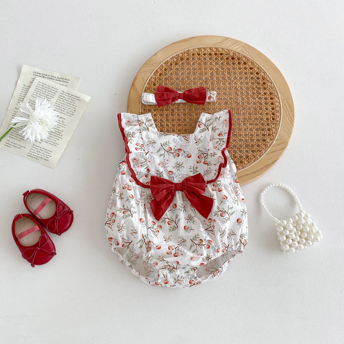 Design Summer Baby Kids Girls Cherry Pattern Square Neck Sleeveless Big Bow Onesies