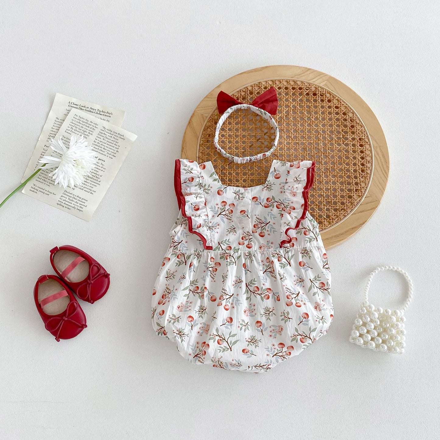 Design Summer Baby Kids Girls Cherry Pattern Square Neck Sleeveless Big Bow Onesies