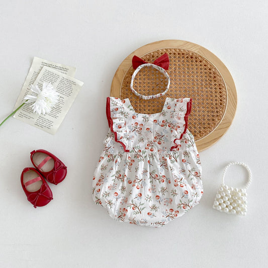 Design Summer Baby Kids Girls Cherry Pattern Square Neck Sleeveless Big Bow Onesies