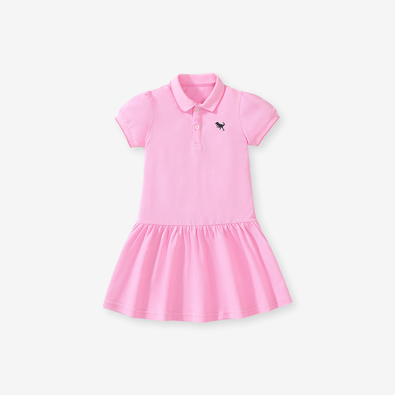 Summer Baby Kids Girls Short Sleeves Black Logo Polo Design Pink Dress