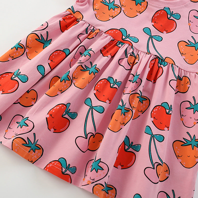 Summer Arrival Fruits Strawberry Cartoon Pattern Short Sleeves Dress for Stylish Girls
