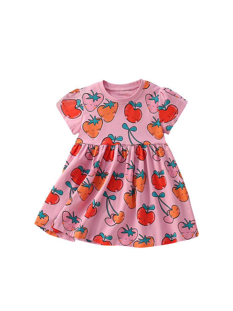 Summer Arrival Fruits Strawberry Cartoon Pattern Short Sleeves Dress for Stylish Girls