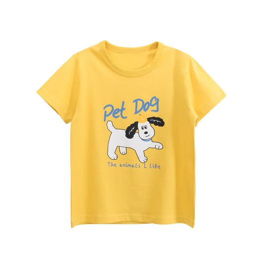Summer Girls’ Puppy Cartoon and Letters Print T-shirt in European and American Style