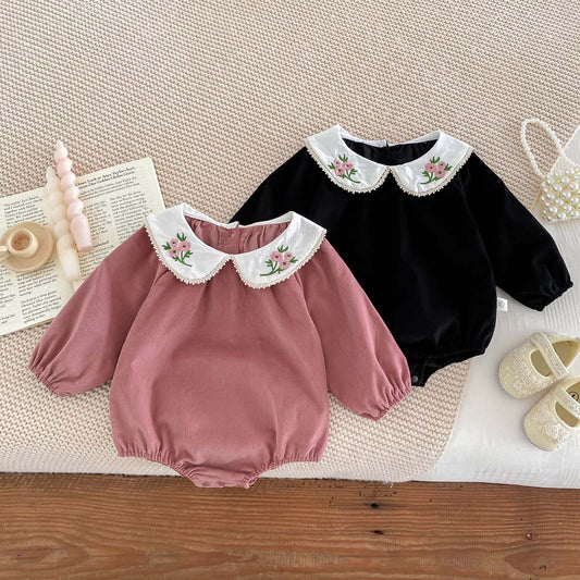 Newborn Baby Girls Peter Pan Floral Collar Long Sleeves Solid